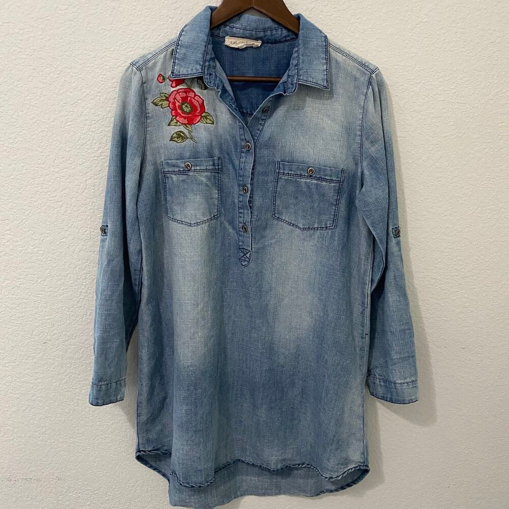 En Creme Womens S Embroidered Floral Chambray Denim Shirt Tunic Long Sleeve - Picture 5 of 14